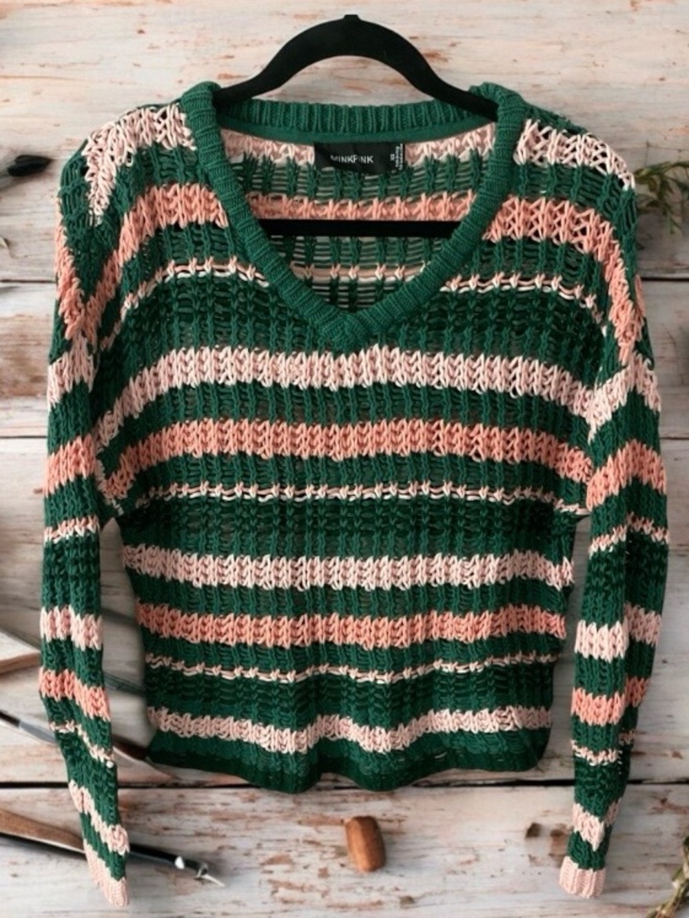 MINKPINK Loose Knit Striped Sweater Green Pink V Neck Lightweight Oversized Boho
